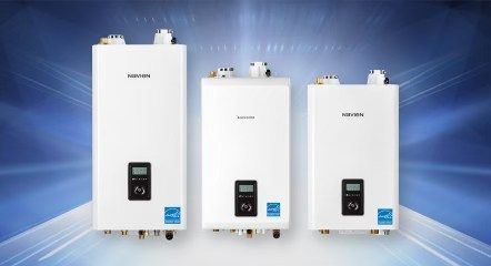 Three white water heaters are sitting next to each other on a blue background.