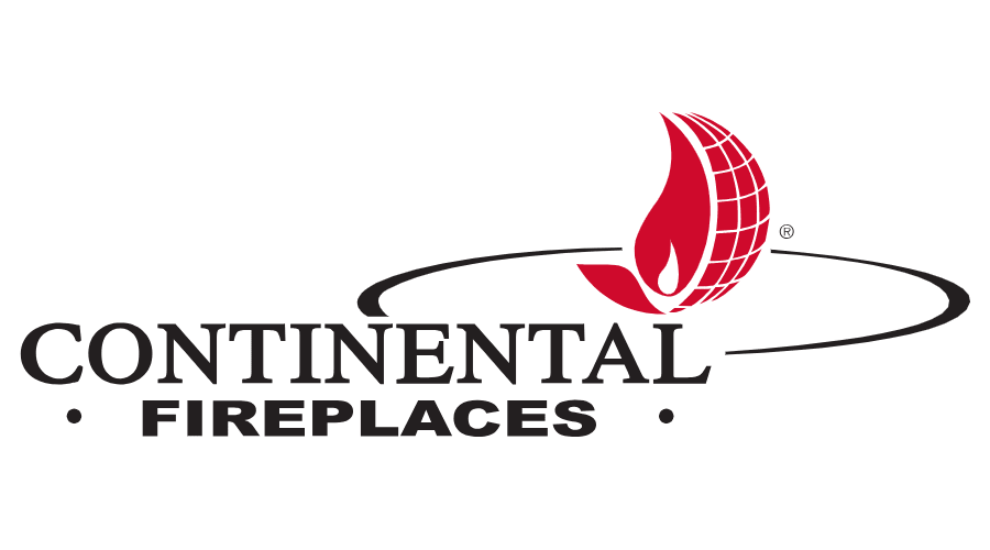 A logo for continental fireplaces with a red flame and a globe.