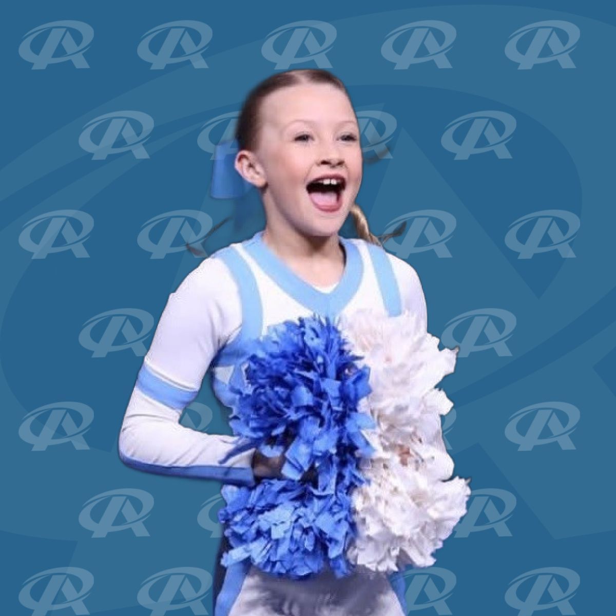 A cheerleader with blue and white pom poms on a blue background