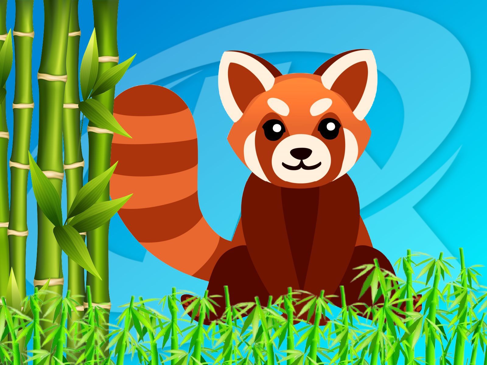 A red panda is sitting in a field of bamboo.