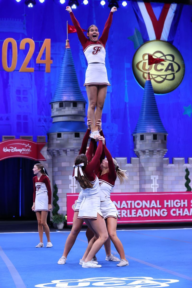 Cheerleaders performing in front of a sign that says national high school cheerleading championships