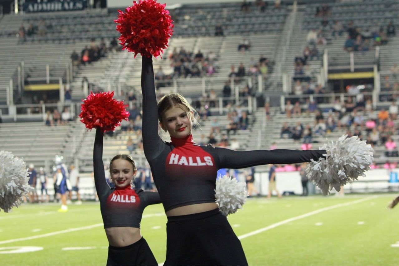 Two cheerleaders are holding up pom poms on a football field.