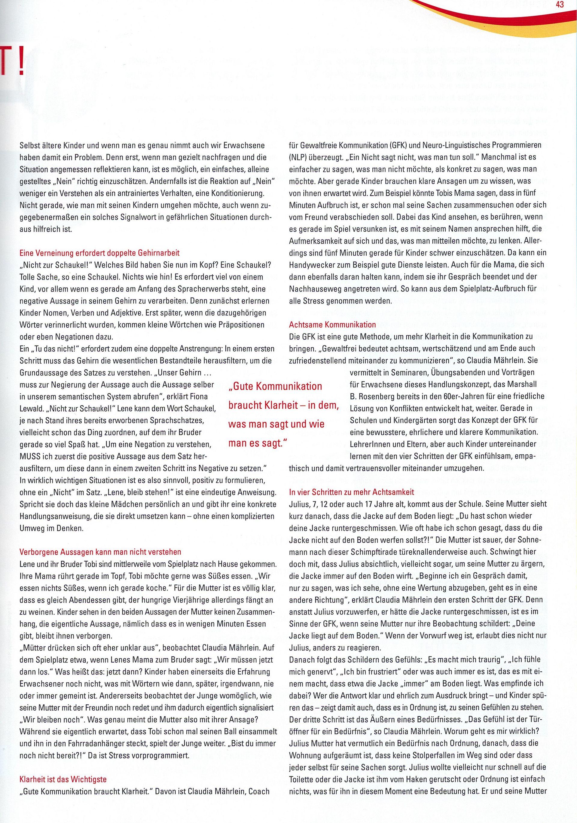 Artikel über Gewaltfreie Kommunikation in der Zeitschrift Lieslotte