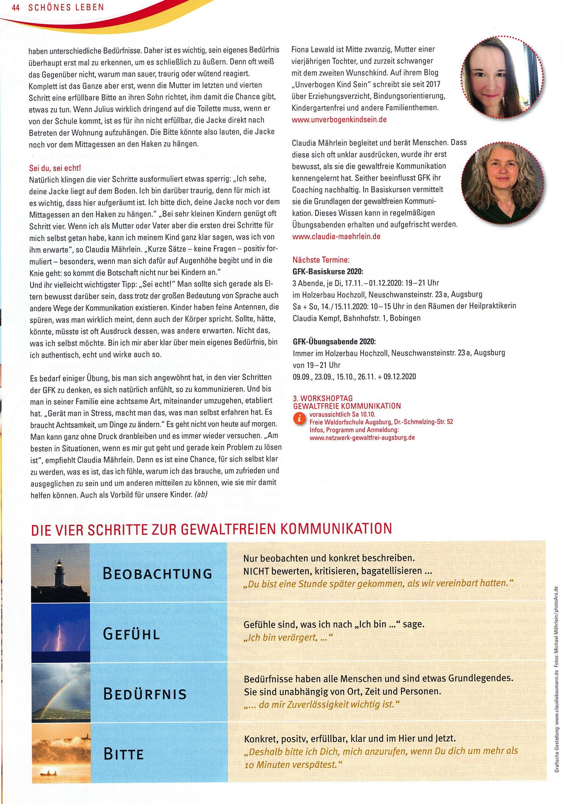 Artikel über Gewaltfreie Kommunikation in der Zeitschrift Lieslotte