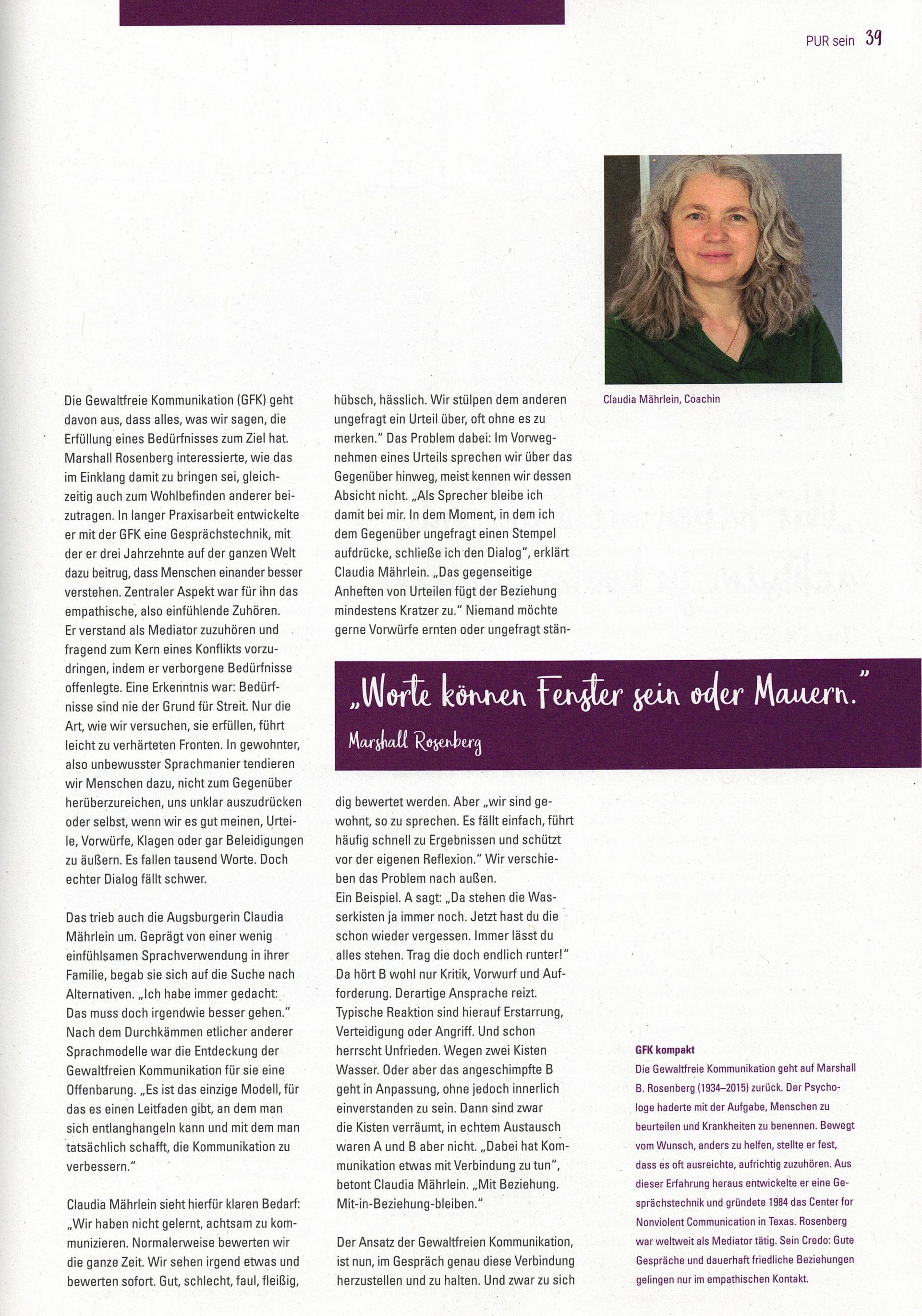 Artikel über Gewaltfreie Kommunikation in der Zeitschrift Purpur