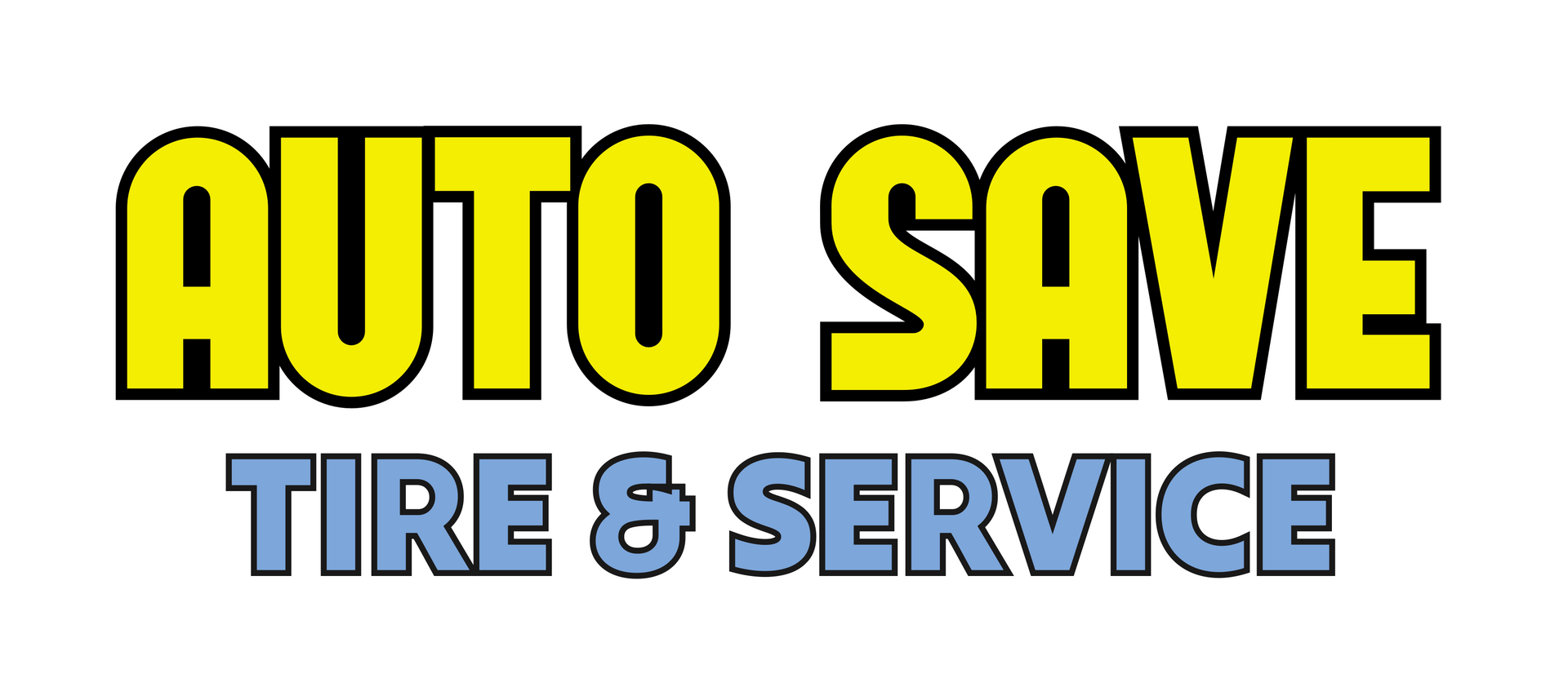 Logo for Auto Save Tire & Service, yellow text on black outline, blue text below.
