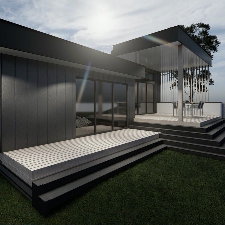 A rendering of a house with a deck and stairs