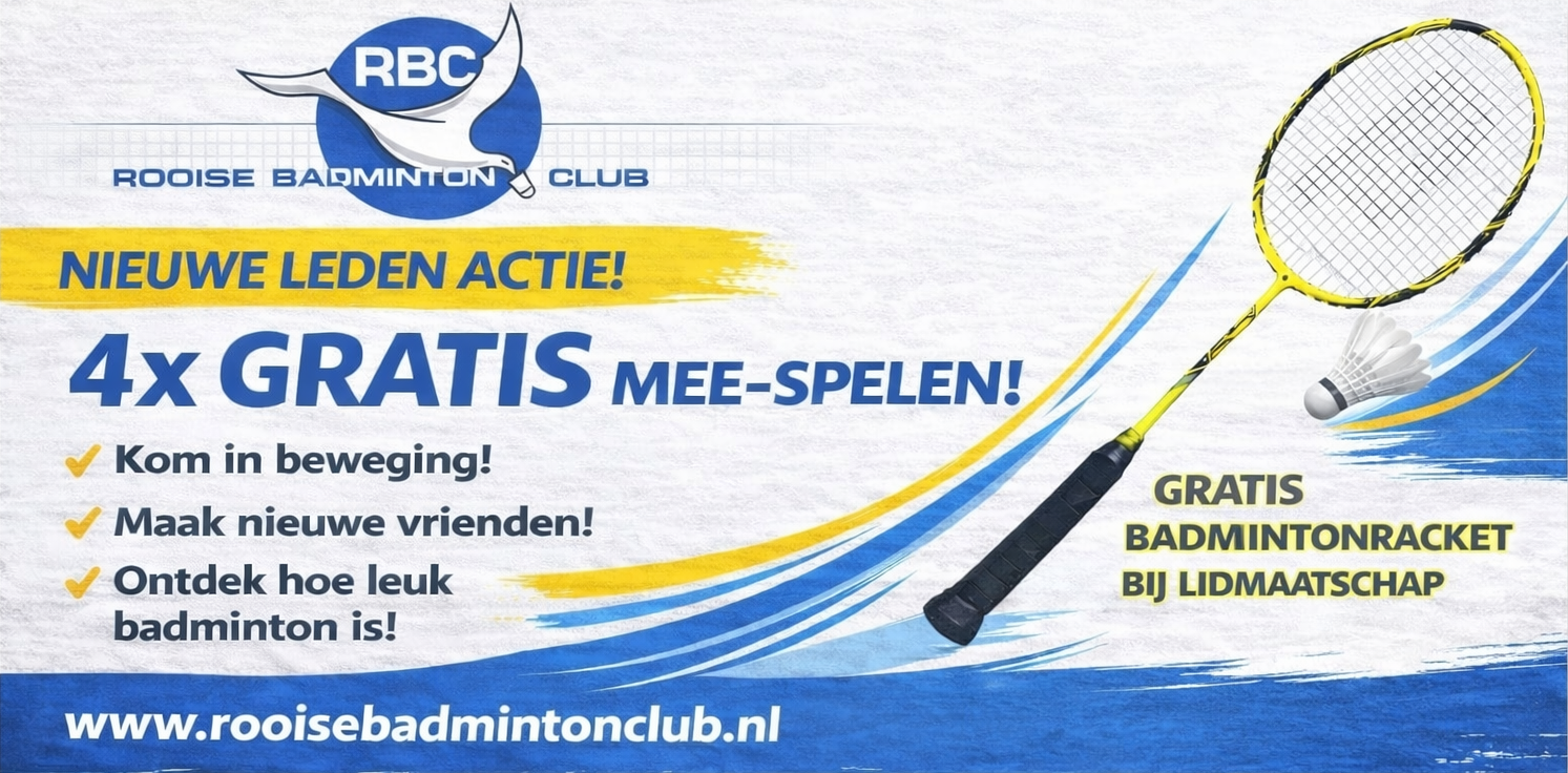 Promotiebanner voor Rooise Badminton Club, met een aanbieding van 4 gratis trainingen en een gratis racket bij lidmaatschap.