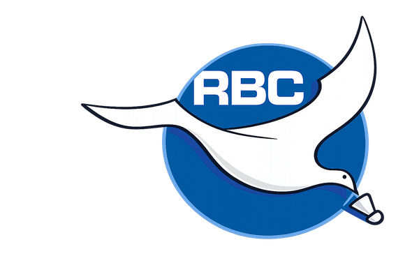 Logo met een witte vogel die voor een blauwe cirkel vliegt en een badmintonshuttle in zijn snavel houdt