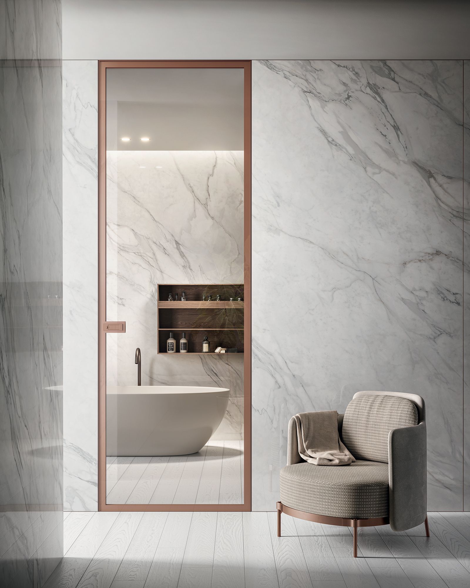 Bagno con ampie pareti in marmo, porta a specchio, vasca da bagno e poltrona di lusso.