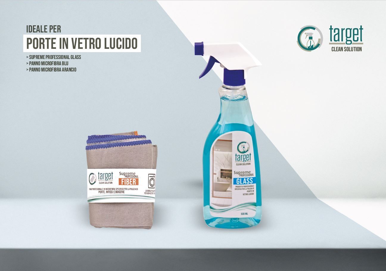 Flacone spray e panni per la pulizia delle porte in vetro, con marchio 
