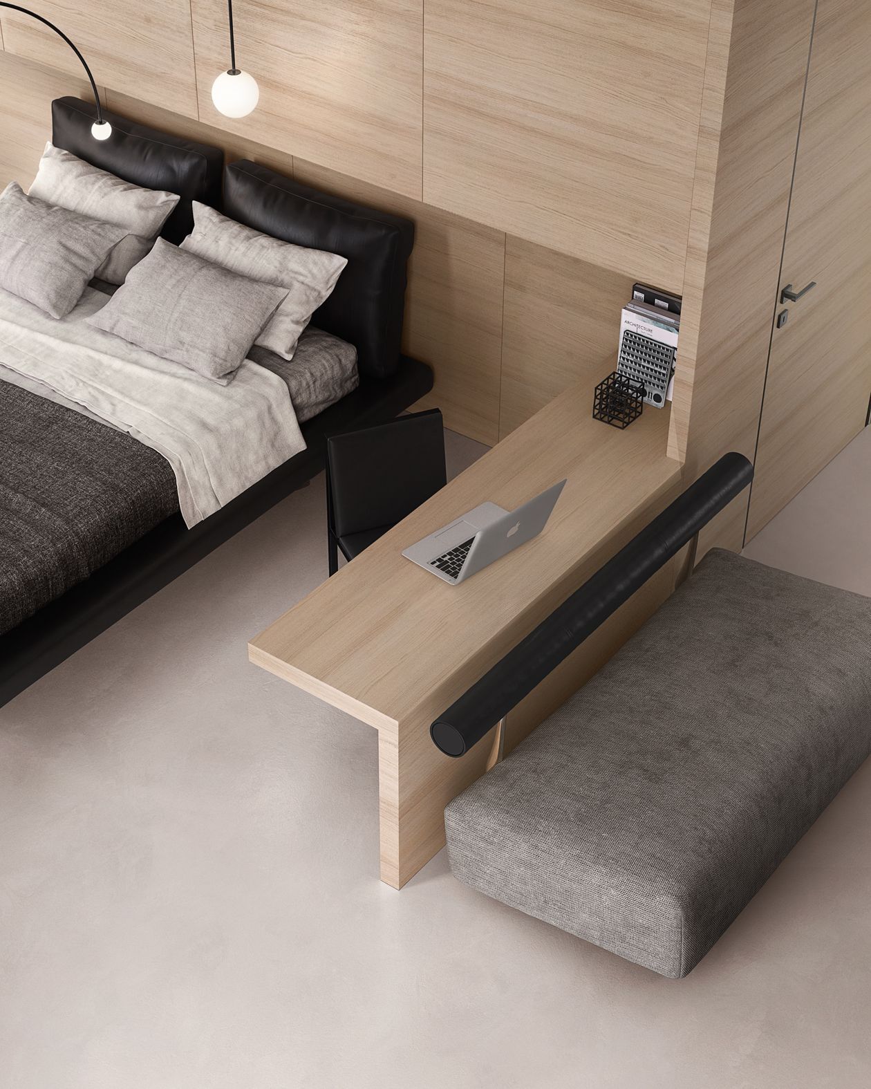 Camera da letto moderna con scrivania; letto a sinistra, scrivania con computer portatile al centro, pouf grigio a destra.