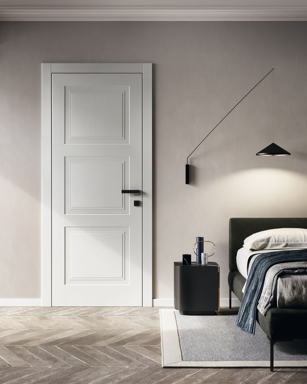 Porta bianca con pannelli accanto al letto. Camera da letto dal design moderno con lampada da parete minimalista e comodino.
