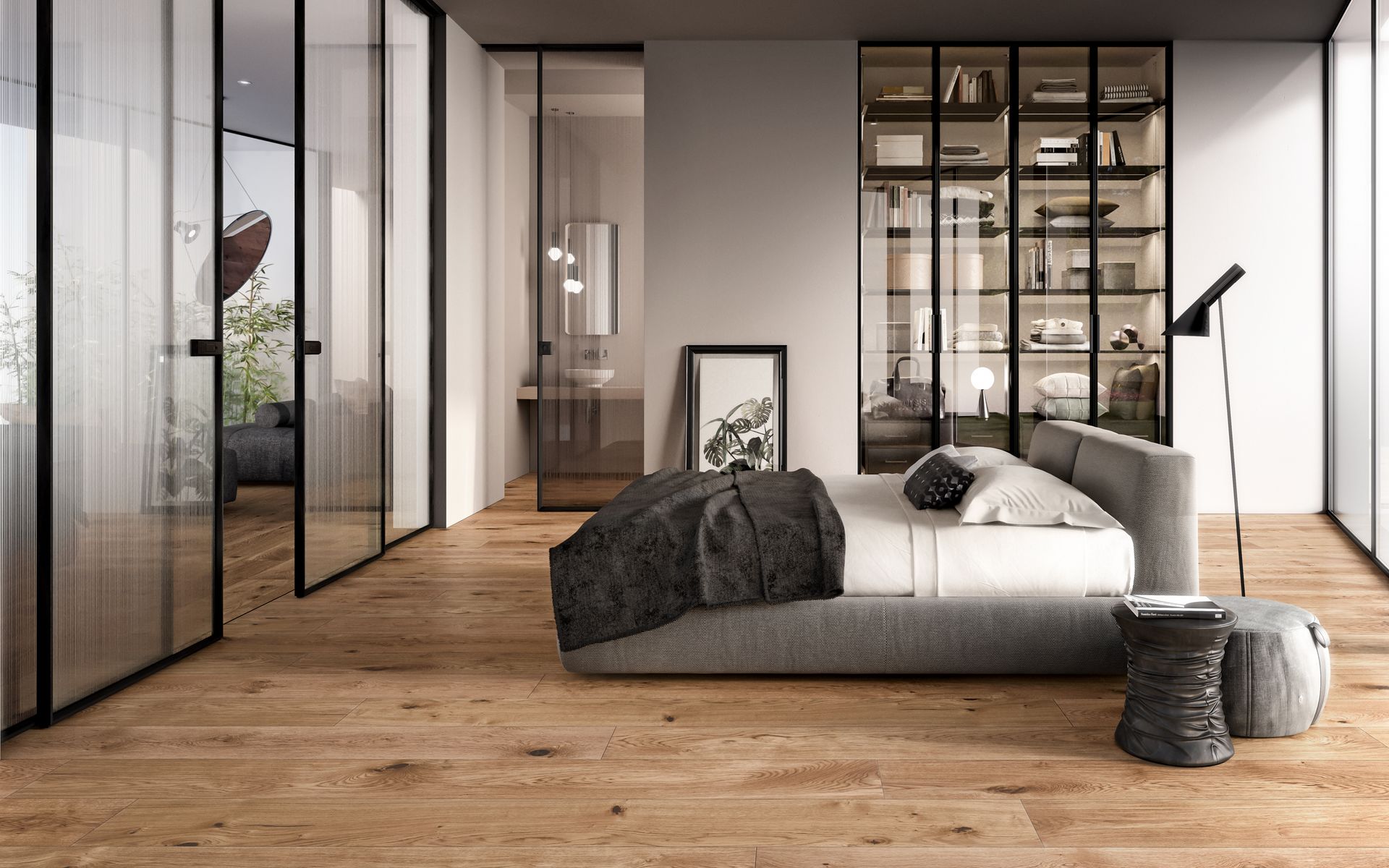 Camera da letto moderna con pavimento in legno, letto, pareti in vetro e un ampio armadio.