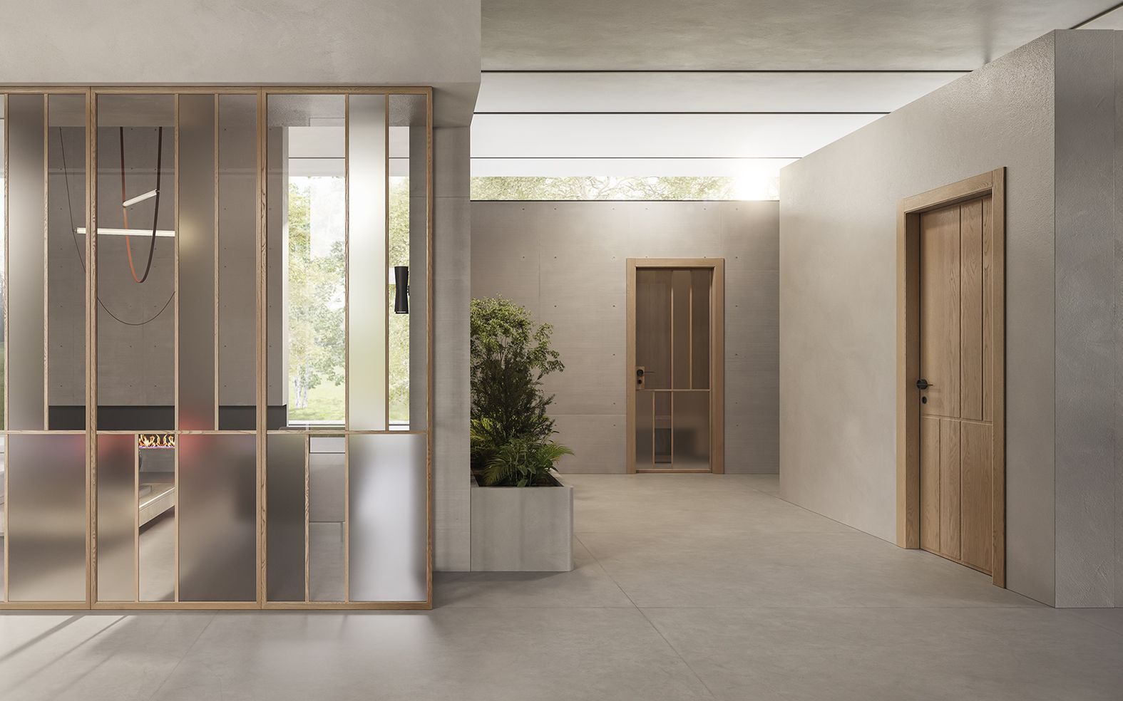 Moderno corridoio interno con pavimento in cemento, pannello in vetro e porta in legno.