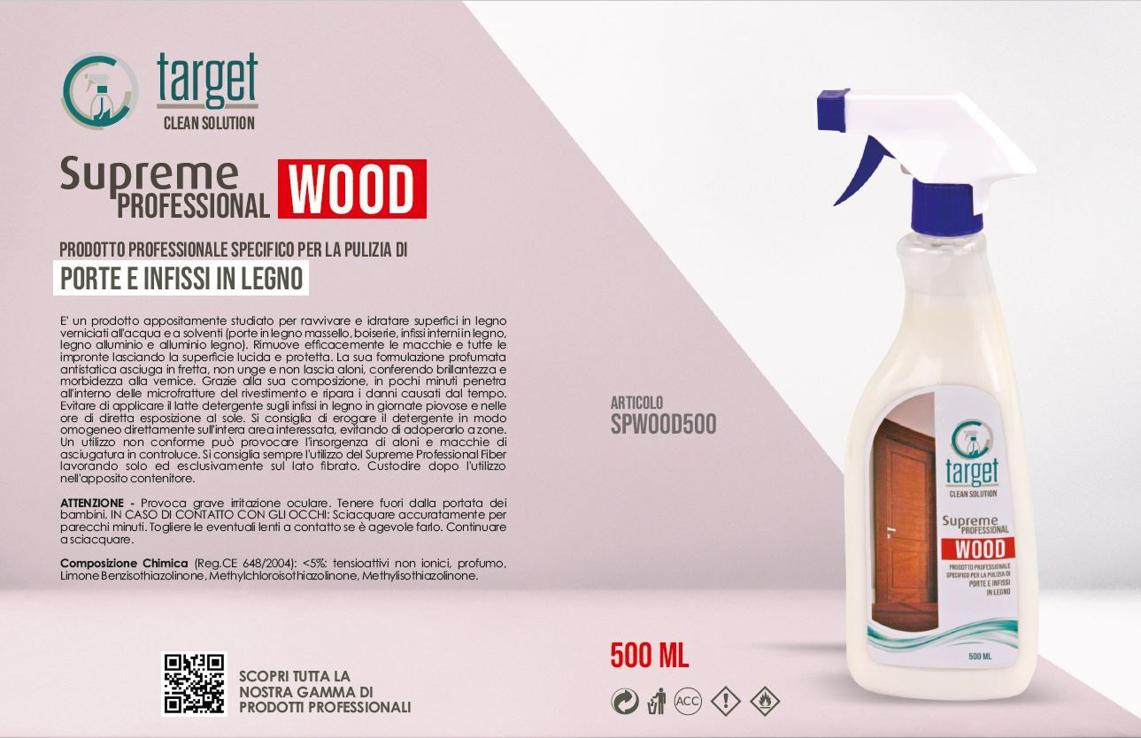 Pubblicità del prodotto: flacone spray di detergente per legno Target Supreme su sfondo chiaro.