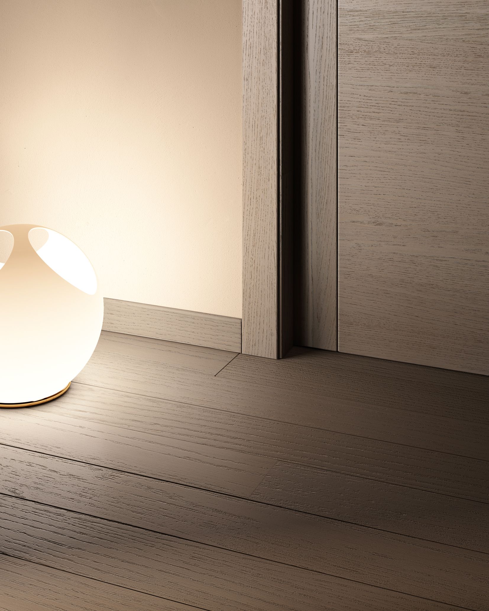 Interno delicatamente illuminato, una lampada a forma di sfera luminosa accanto a una porta, pavimento e parete testurizzati.
