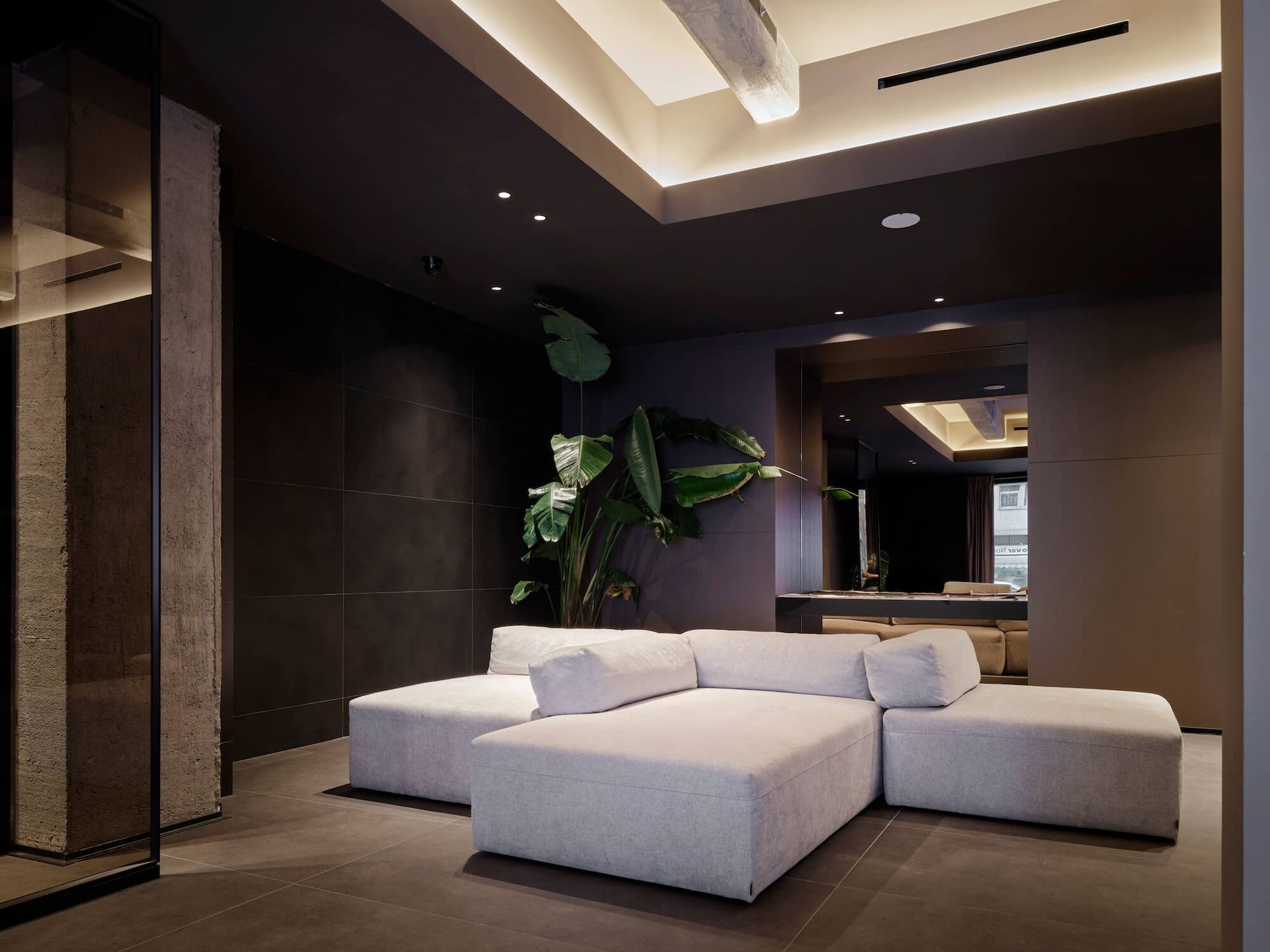 Zona lounge moderna con divano modulare bianco, grande pianta, pareti scure e illuminazione da incasso.