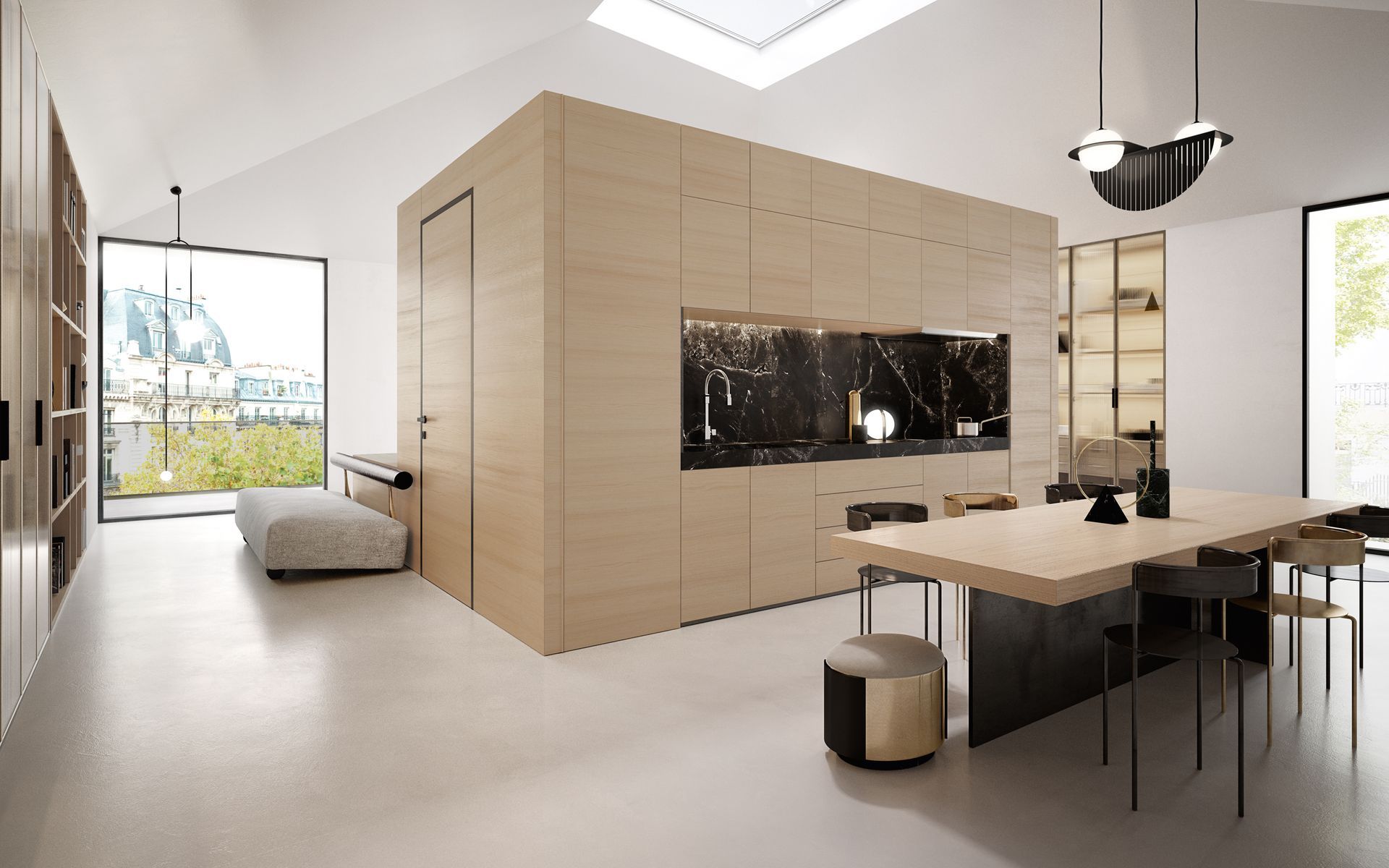 Interni moderni con mobili in legno chiaro, dettagli in marmo e tavolo da pranzo, con luce naturale proveniente dalle ampie finestre.