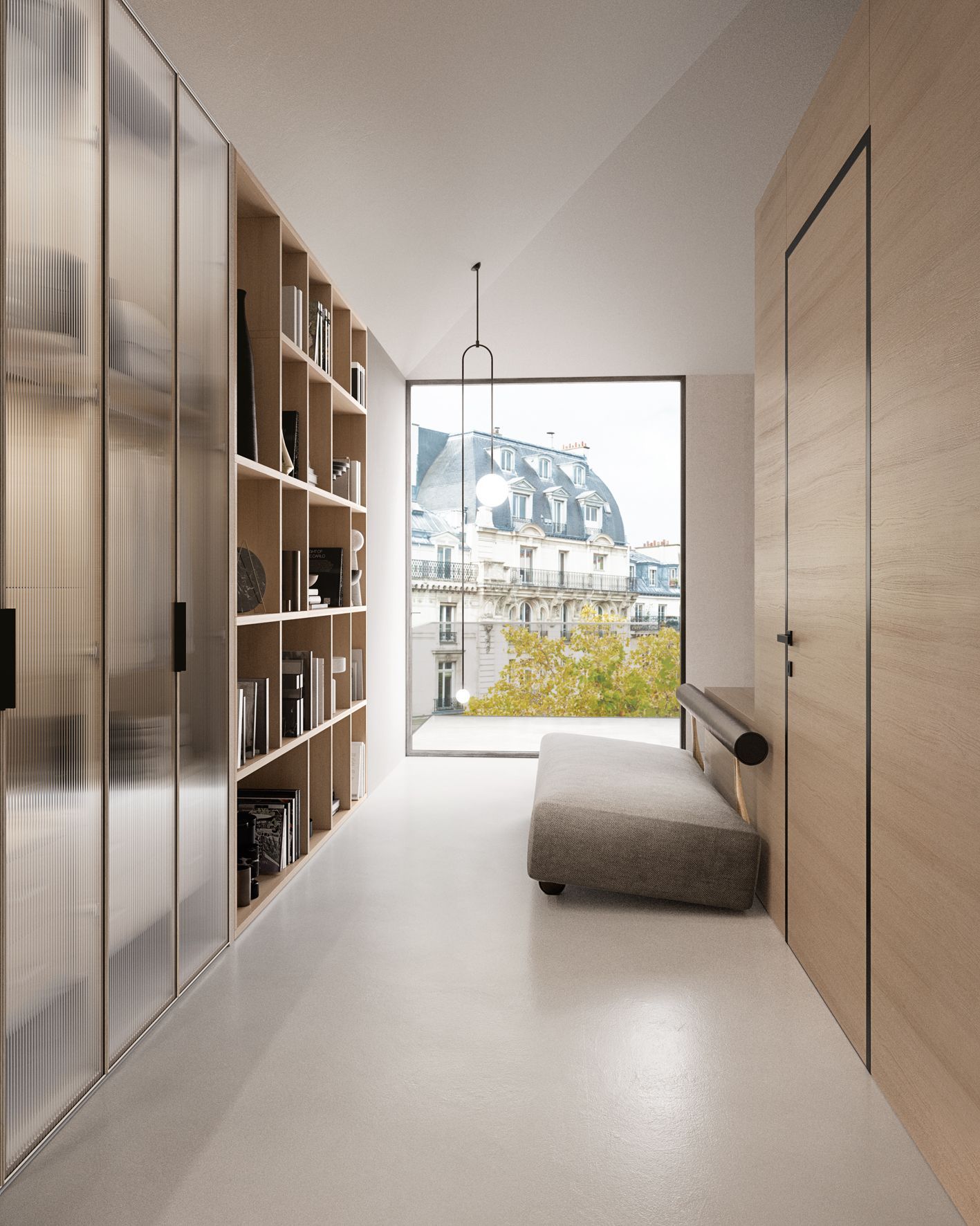 Corridoio moderno con librerie integrate, finestra con vista sulla città, panca e pavimento di colore chiaro.