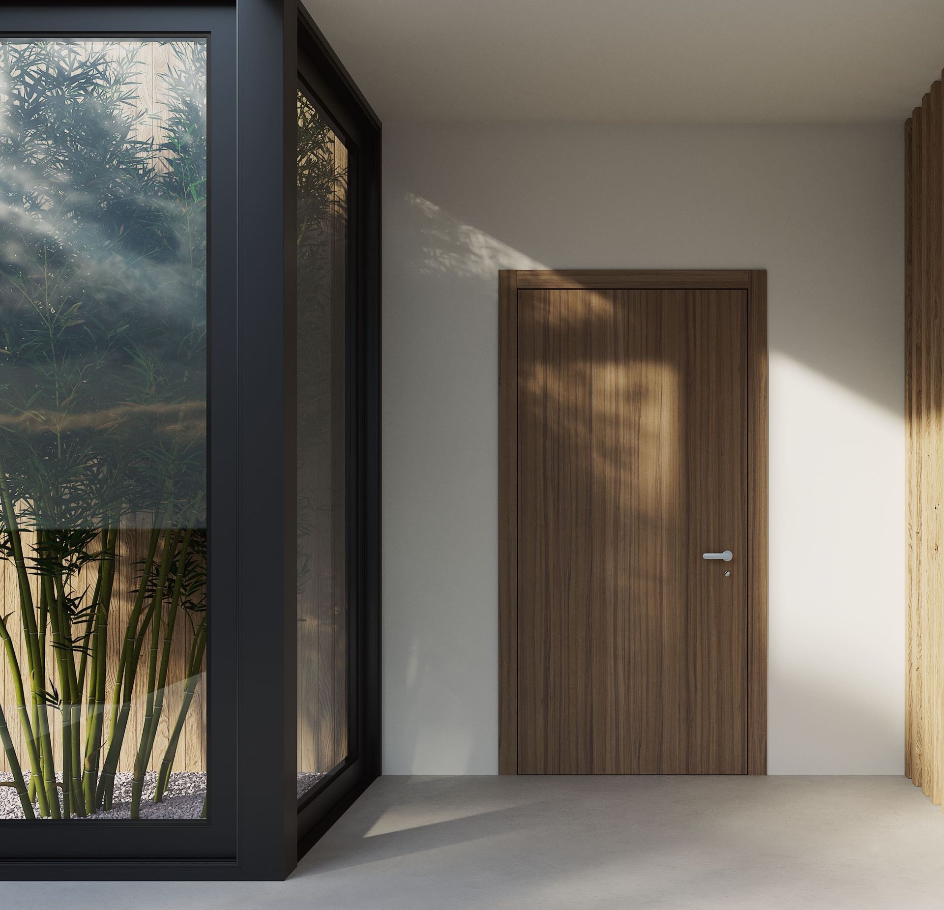 Vista interna con porta in legno e grande finestra che mostra il fogliame esterno.