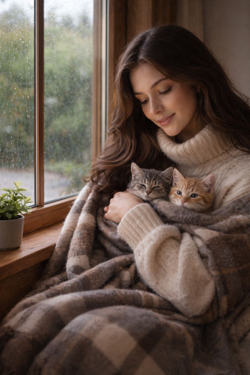 Donna con un maglione caldo e una coperta che tiene in braccio due gattini vicino alla finestra, guardando in basso con un sorriso.