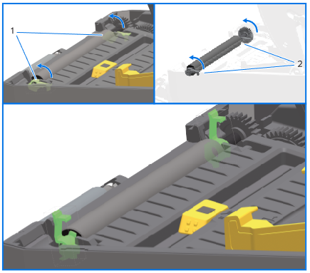 A technical diagram showing the rotation of green locking levers to secure or release a roller inside a device tray.