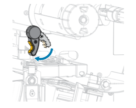 Line drawing showing a mechanical lever with a yellow button rotating downward as indicated by a blue arrow.