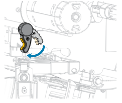 A line drawing shows a mechanical arm with a yellow trigger moving downward in the direction of a curved blue arrow.