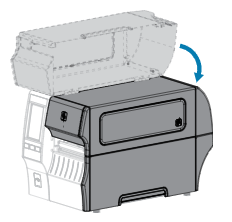 A blue arrow shows the top cover of an industrial printer being closed downward.