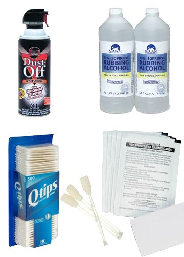 A collection of cleaning supplies, including compressed air, two bottles of rubbing alcohol, cotton swabs, and cleaning cloths.