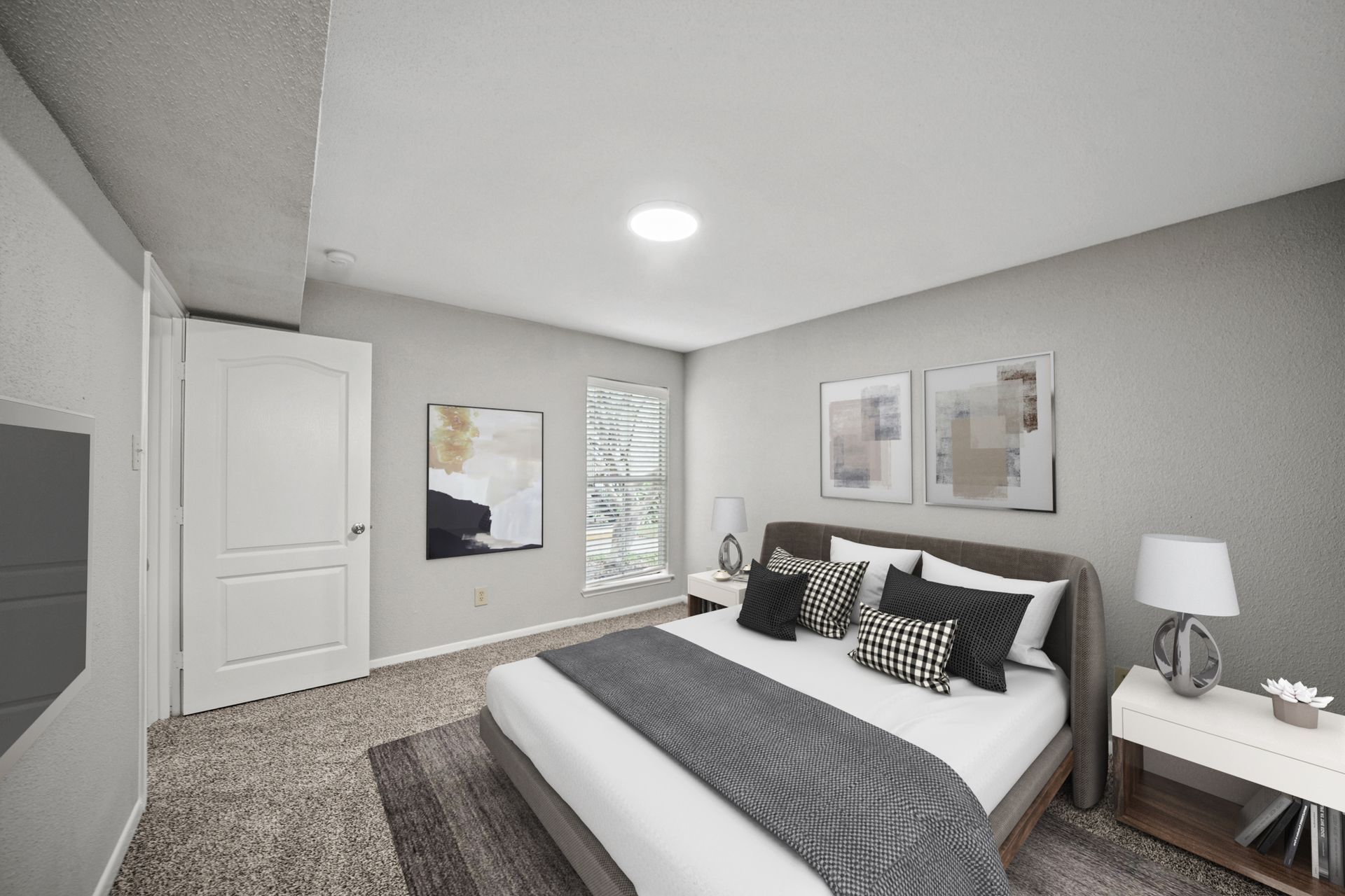 An artist 's impression of a bedroom with a large bed and two windows.