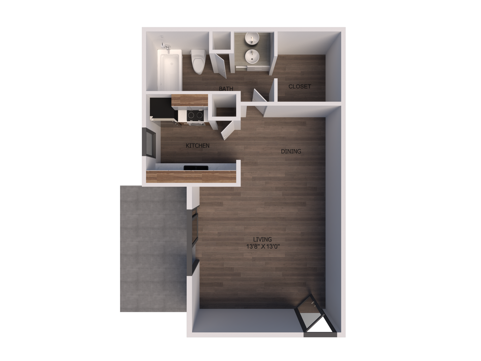 A 3d floor plan of a small apartment with hardwood floors.