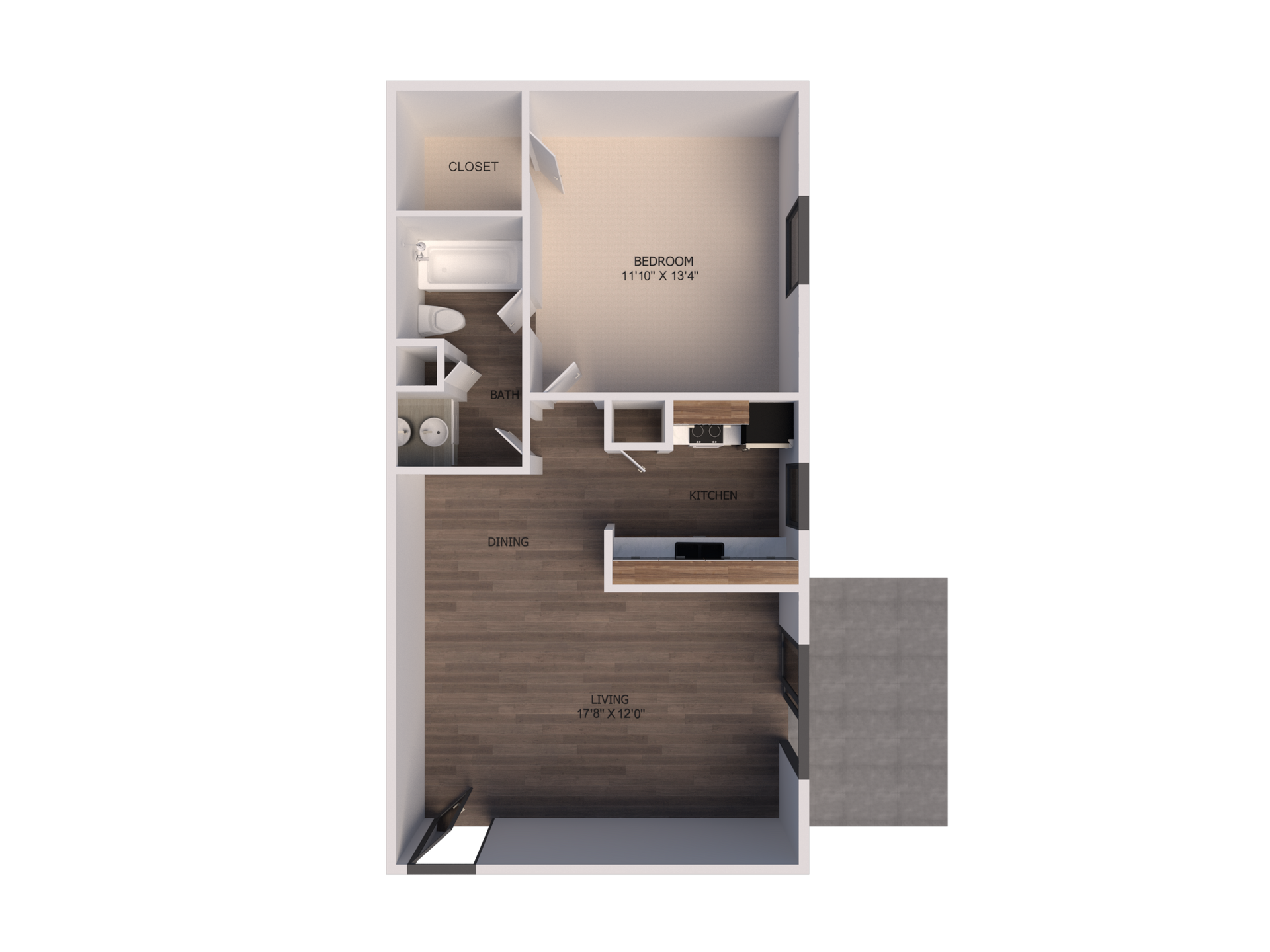 A floor plan of a single bedroom apartment with a balcony.