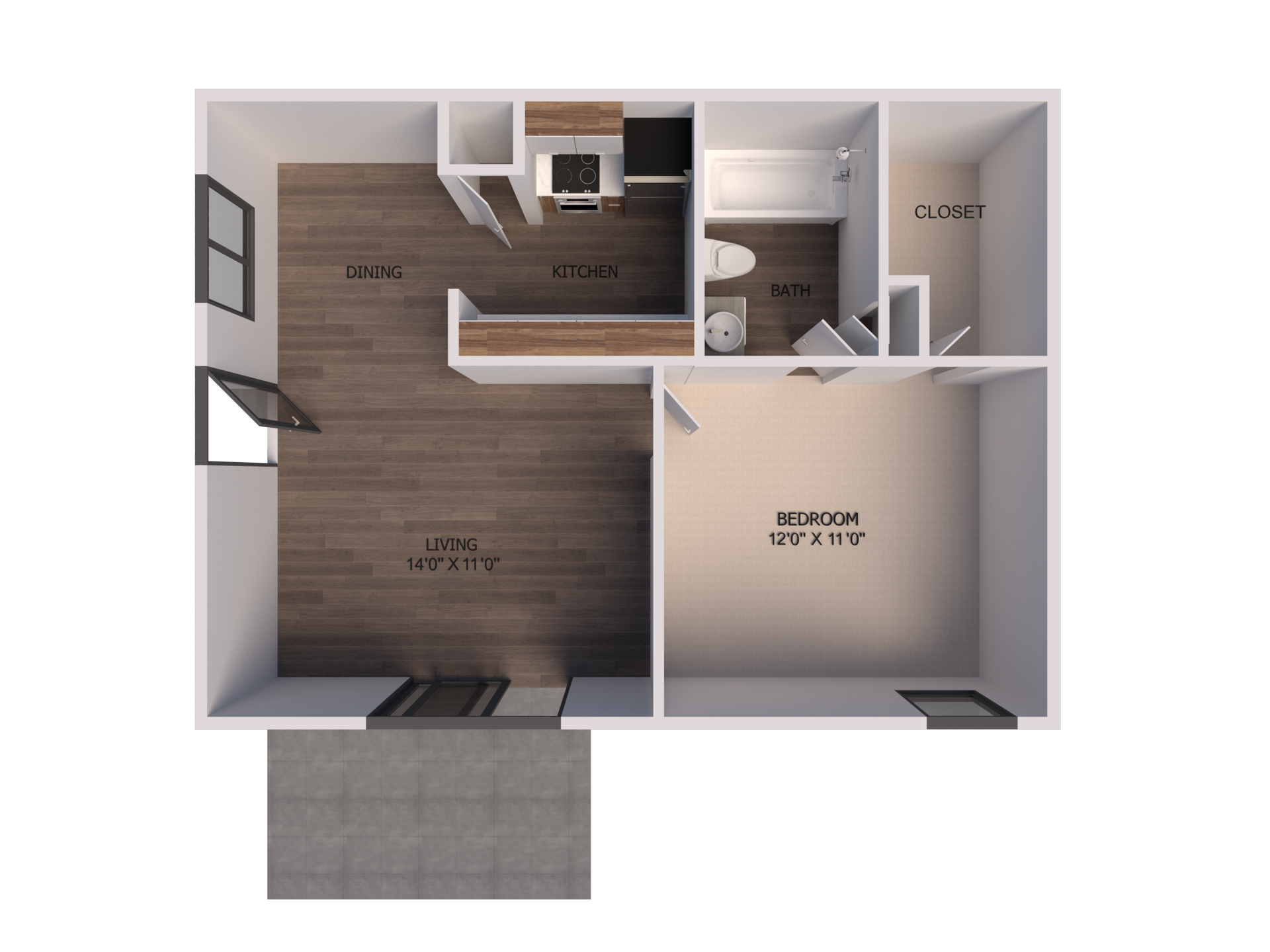 A 3d floor plan of a house with a bedroom , bathroom , and kitchen.