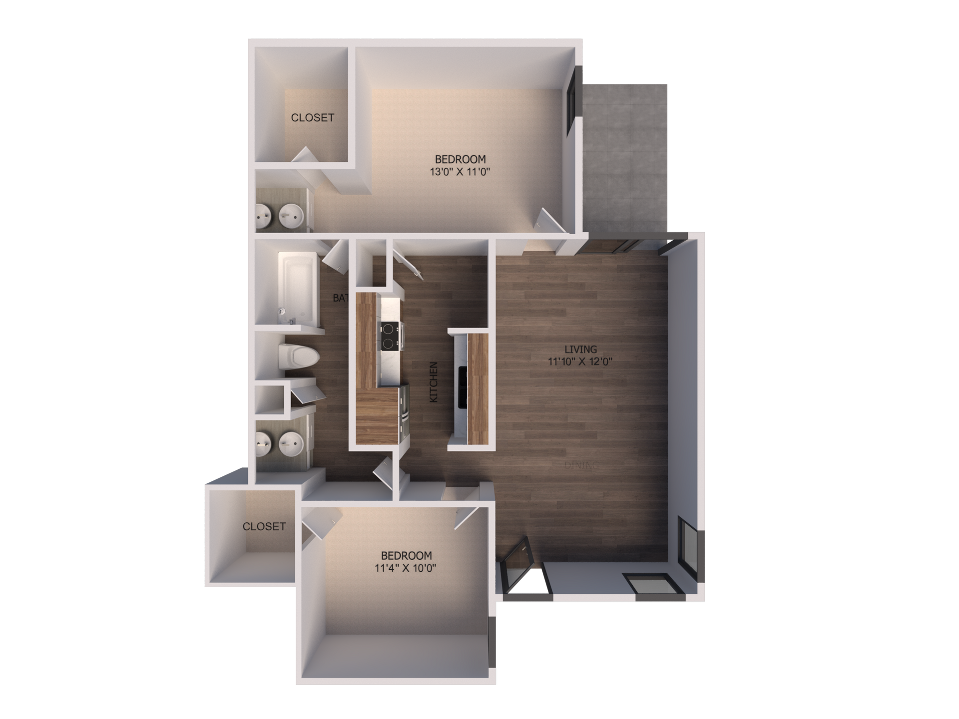 A 3d floor plan of a house with a balcony.
