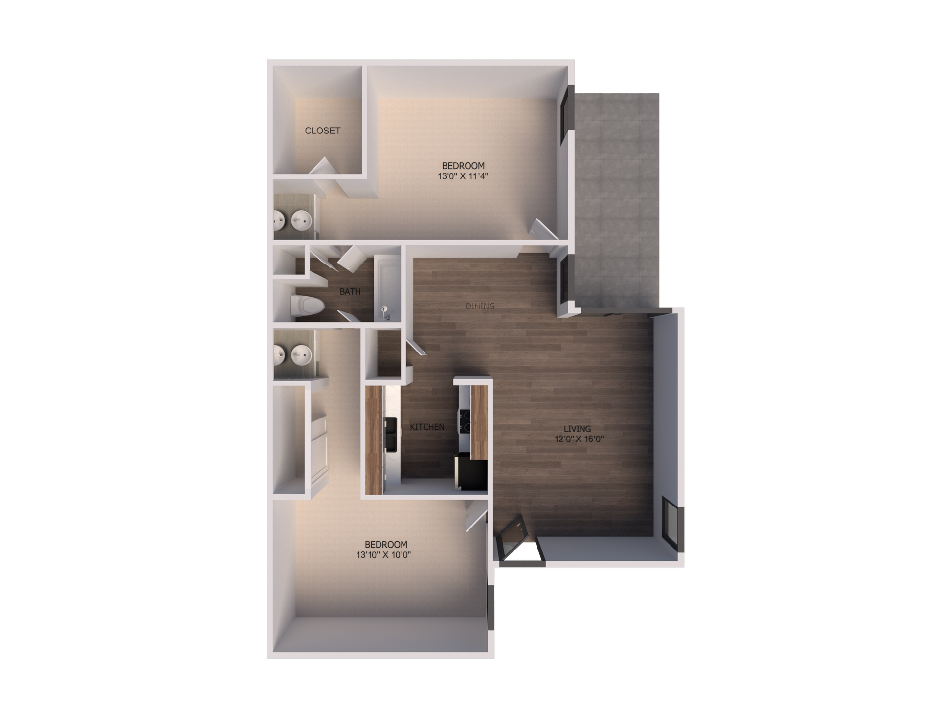 A floor plan of a house with two bedrooms and a balcony.