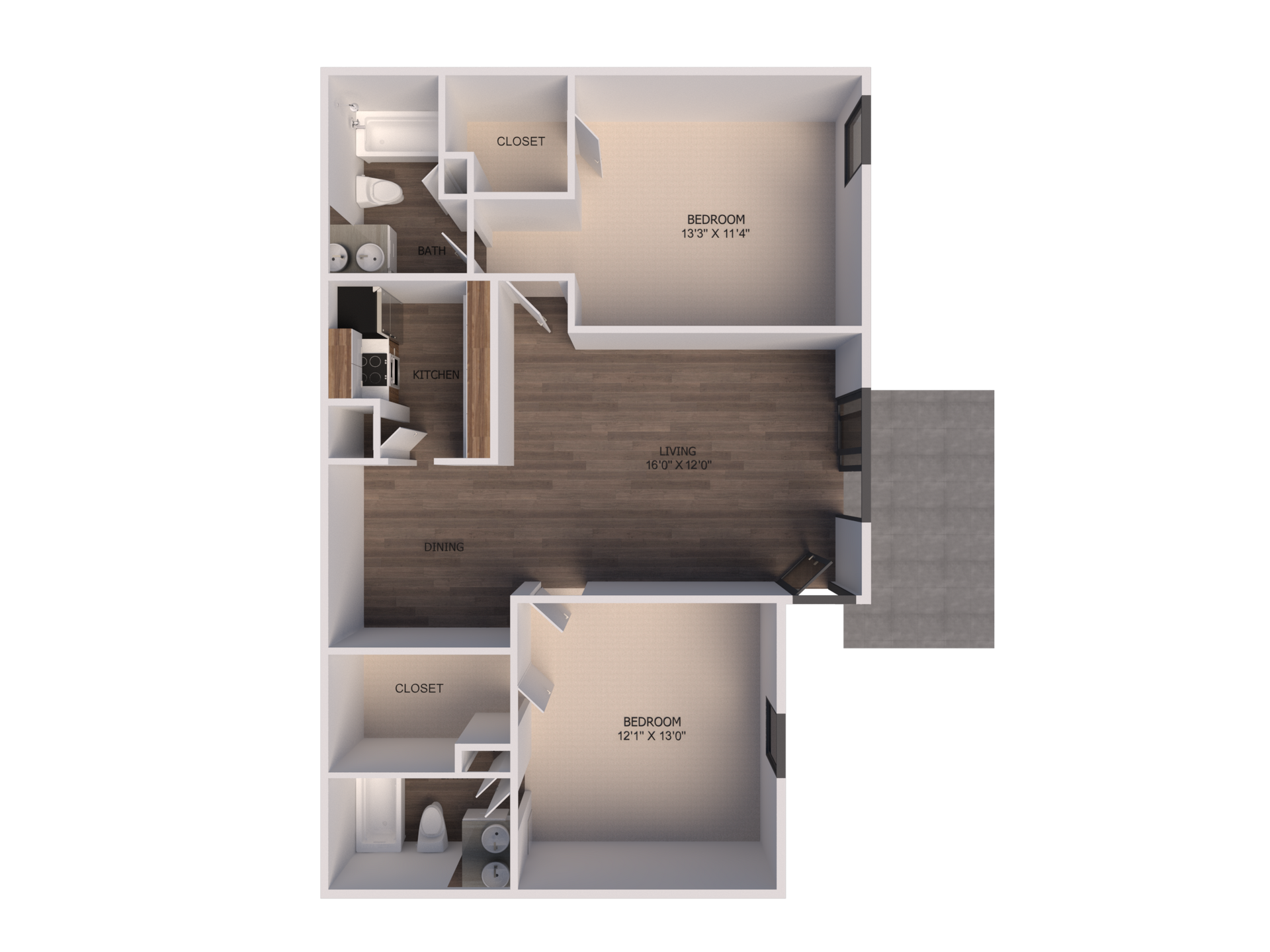 A floor plan of a house with two bedrooms and a bathroom.