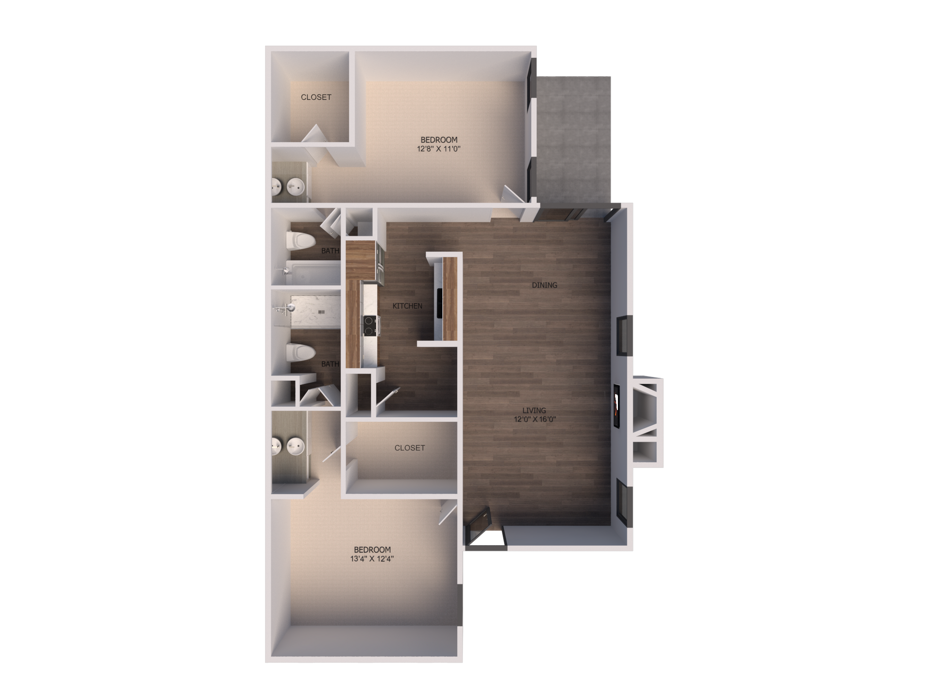 A floor plan of a house with two bedrooms and a balcony.