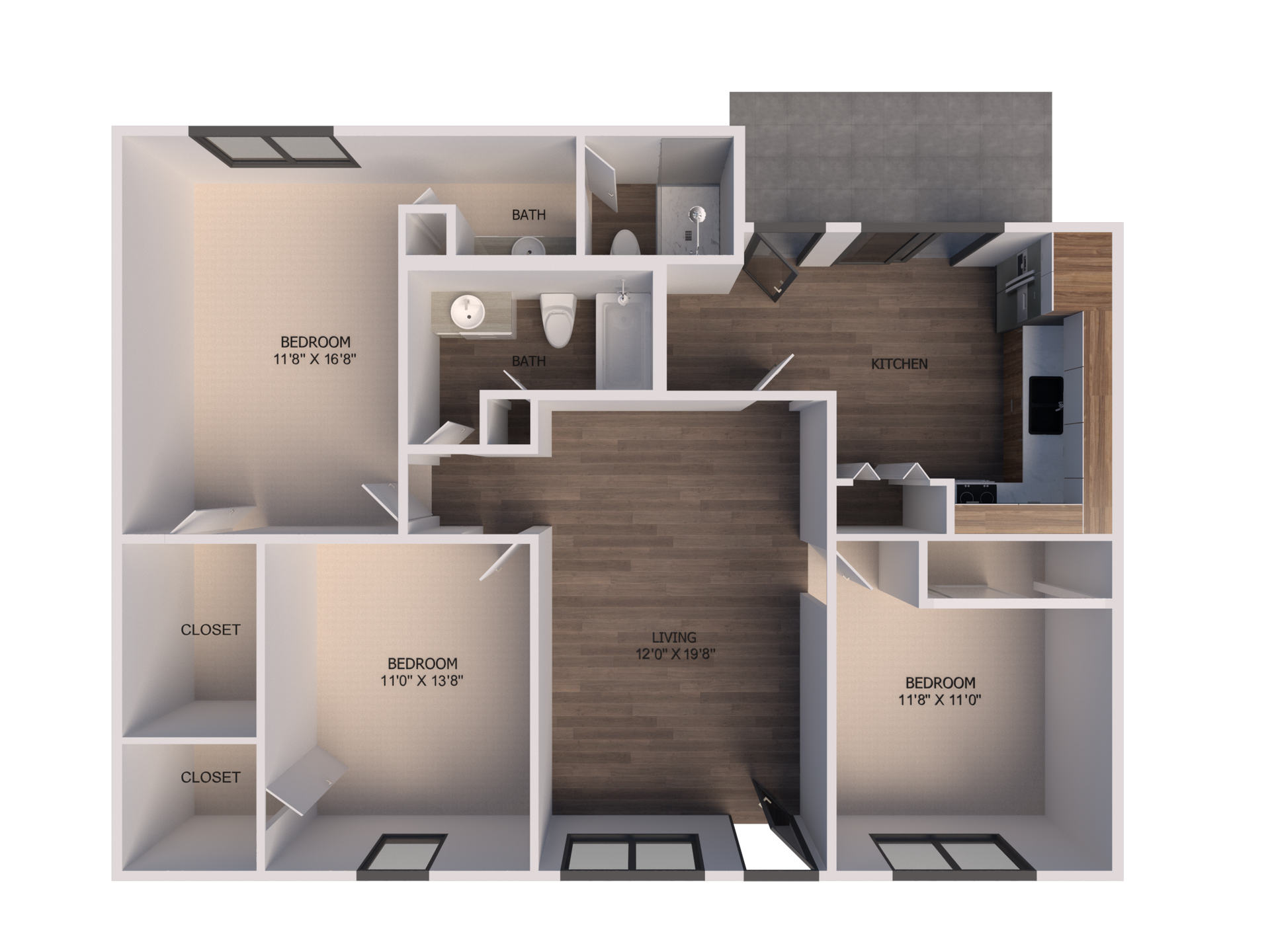 A 3d floor plan of a house with three bedrooms and a bathroom.