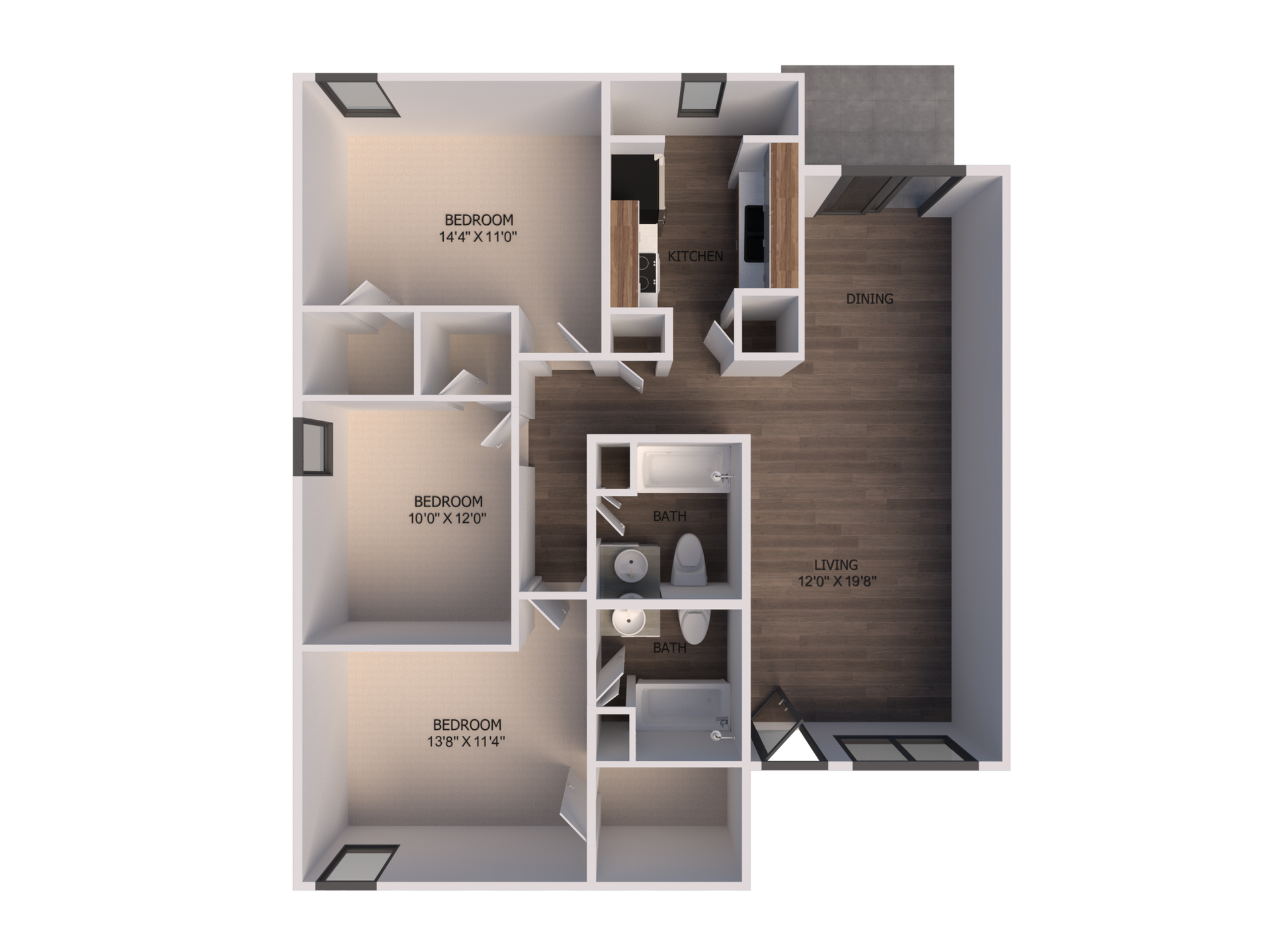 A 3d floor plan of a house with two bedrooms and a bathroom.