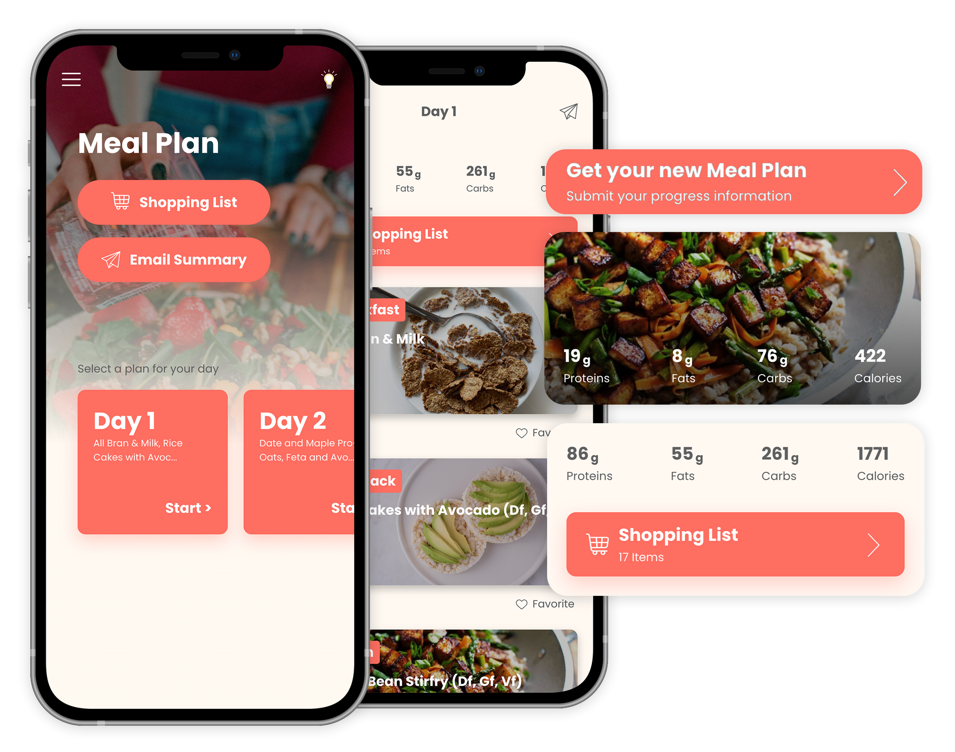 A couple of phones with a meal plan app on them.