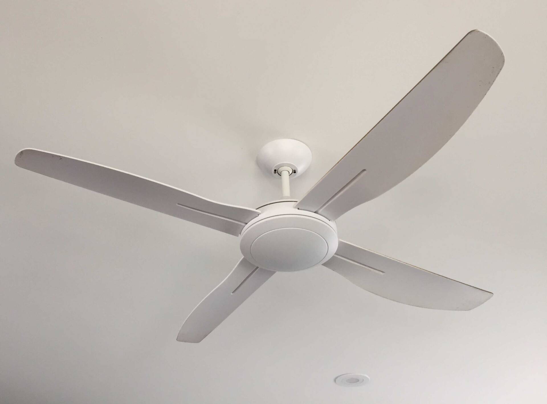 A white ceiling fan is hanging from the ceiling of a room.