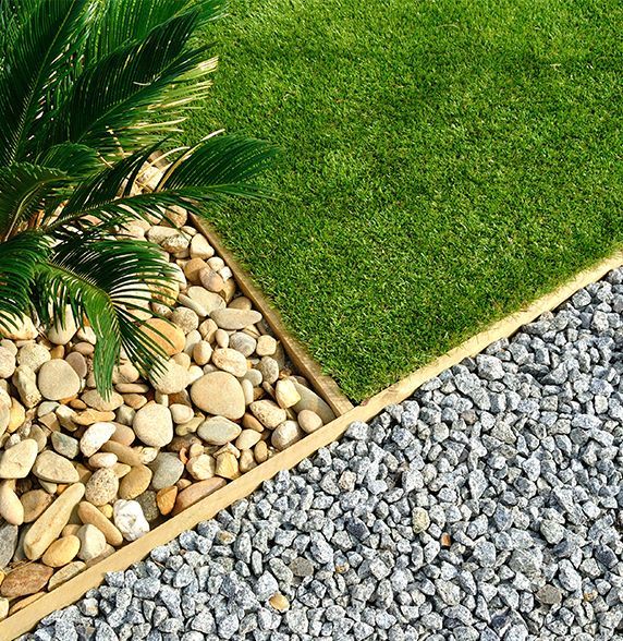 A garden with rocks and grass and a palm tree.