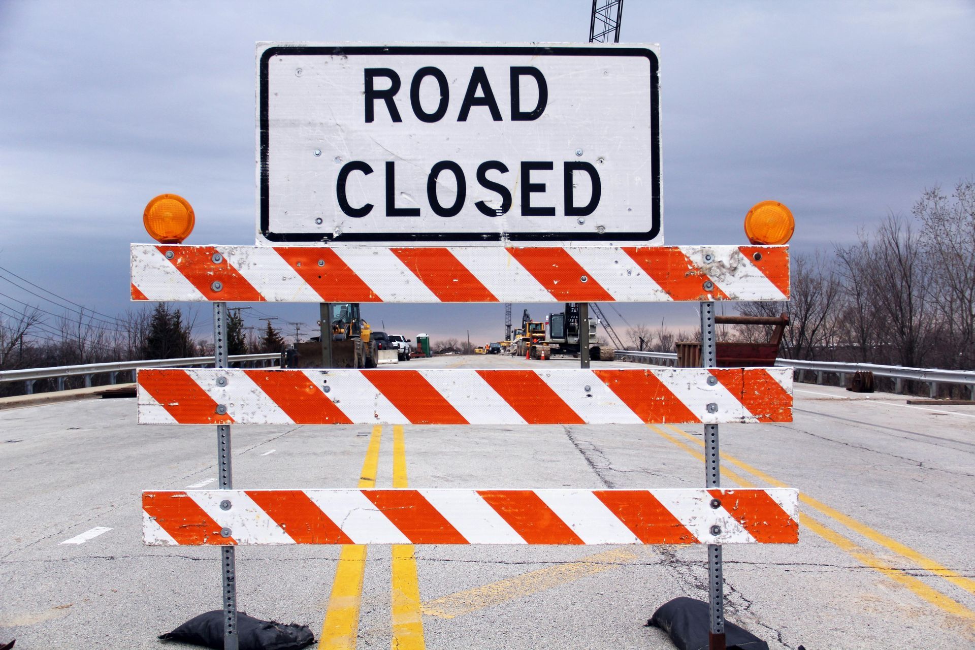 Road closed sign and barriers