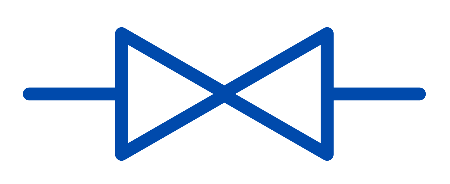 A blue icon of a valve symbol, featuring two triangles pointing toward each other at the center of a horizontal line.