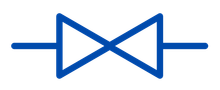 Blue icon of a valve symbol consisting of two triangles pointing inward on a horizontal line.