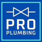 Logo for Pro Plumbing featuring a white gate valve icon above the text "PRO" and "PLUMBING" on a blue background.