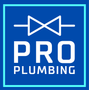 Logo for Pro Plumbing featuring a white gate valve icon above the text "PRO" and "PLUMBING" on a blue background.