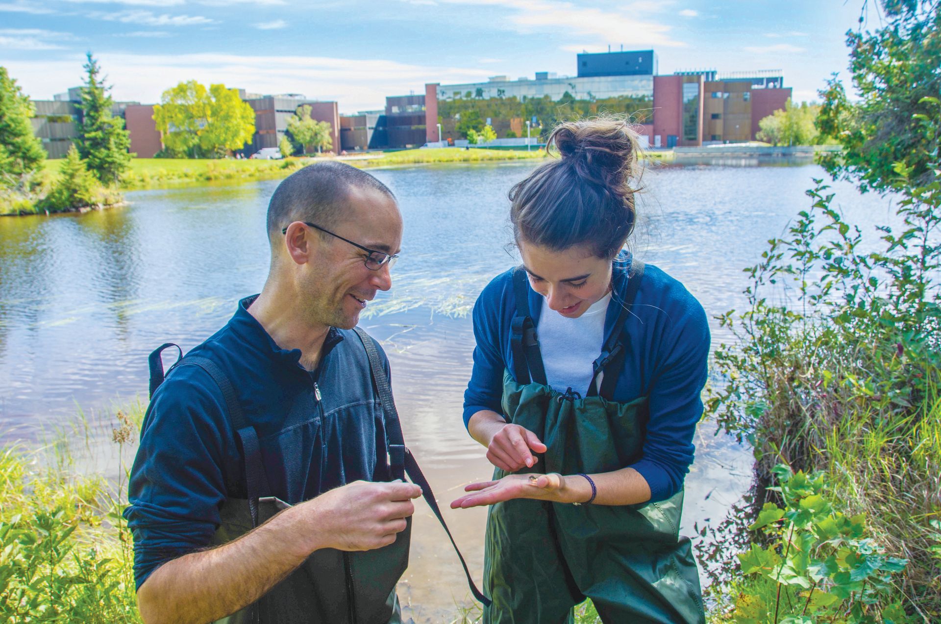 Man and woman in waders examining something in a pond, scientific research at a campus setting.